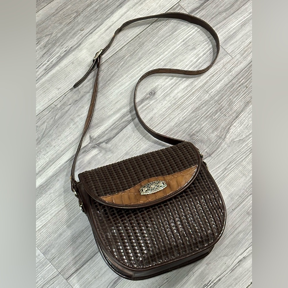 Vintage Crossbody Saddle Bag Woven Faux Leather Croc Purse‎ Silver Accents MARLO